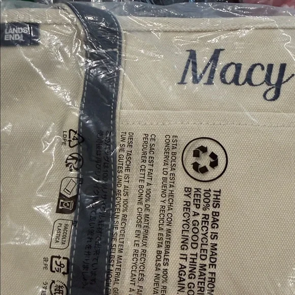 LANDS’ END Medium 5 Pocket Zipper Top Canvas Tote Bag PERSONALIZED -MACY- NWT - Picture 4 of 4